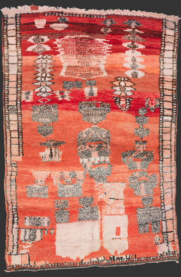 TM 2286, unusually fine pile rug from the region around the city of Boujad, the enigmatic small salt + pepper drawings + the border probably echo motifs cited from urban Rabat carpets, western foothills of the Middle Atlas, Morocco, 1960s/70s, 270 x 180 cm / 9' x 6', high resolution image + price on request




